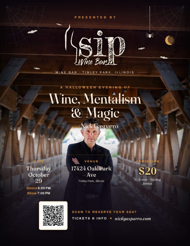 Poster for Wine, Mentalism and Magic with Nick Gasparro at Sip Wine Bar in Tinley Park, IL