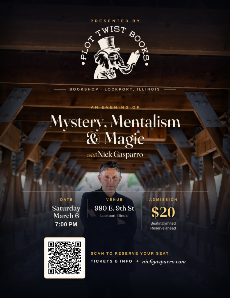 Mystery, Mentalism & Magic with Nick Gasparro at Plot Twist Books in Lockport, Saturday March 6 at 7:00 PM