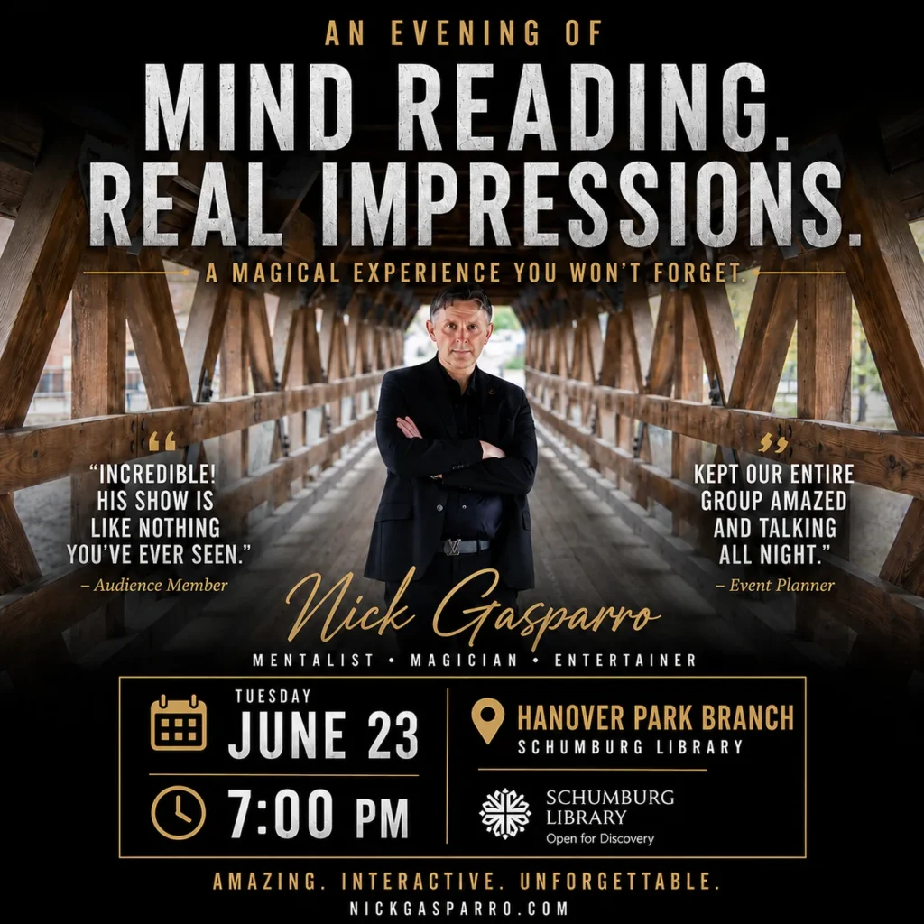 Mind Reading. Real Impressions. poster for Nick Gasparro's show at the Schaumburg Library Hanover Park Branch