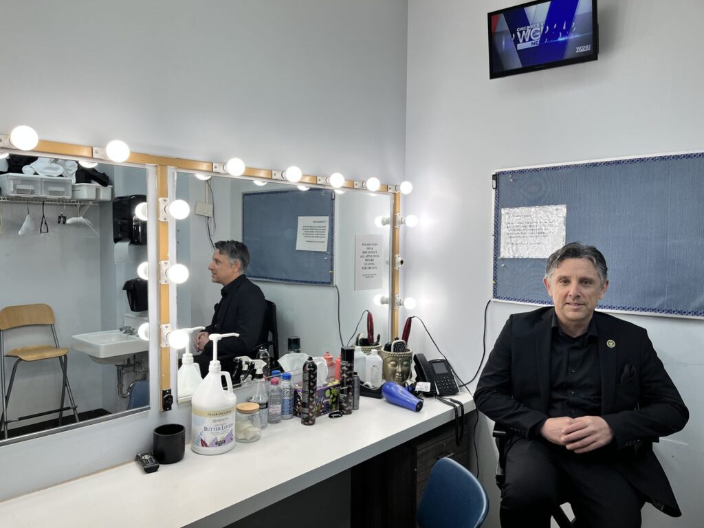 Nick Gasparro backstage in the WGN-TV makeup room before Spotlight Chicago