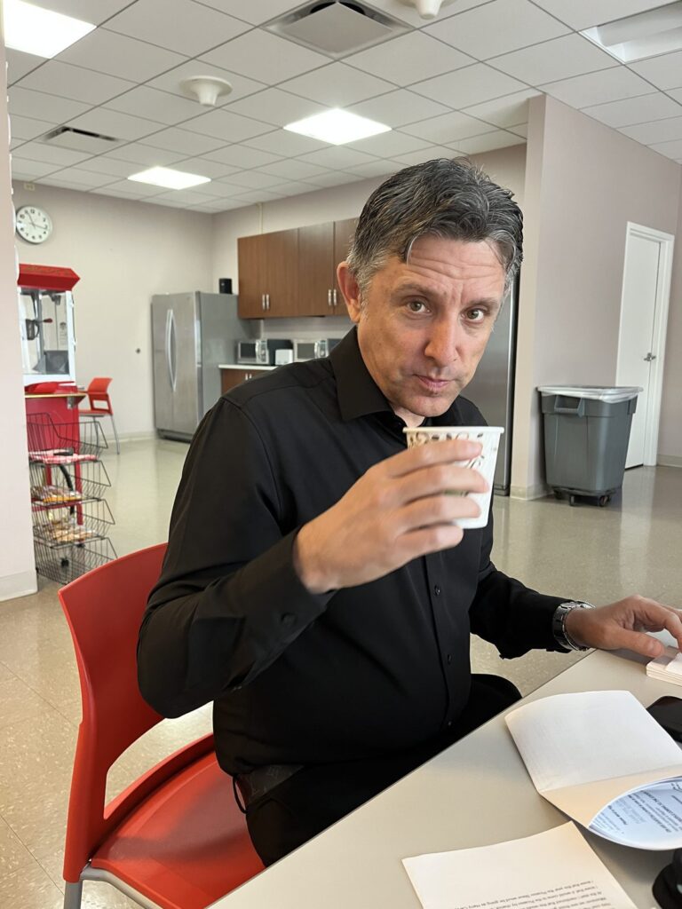 Nick Gasparro having coffee before his WGN-TV Spotlight Chicago appearance